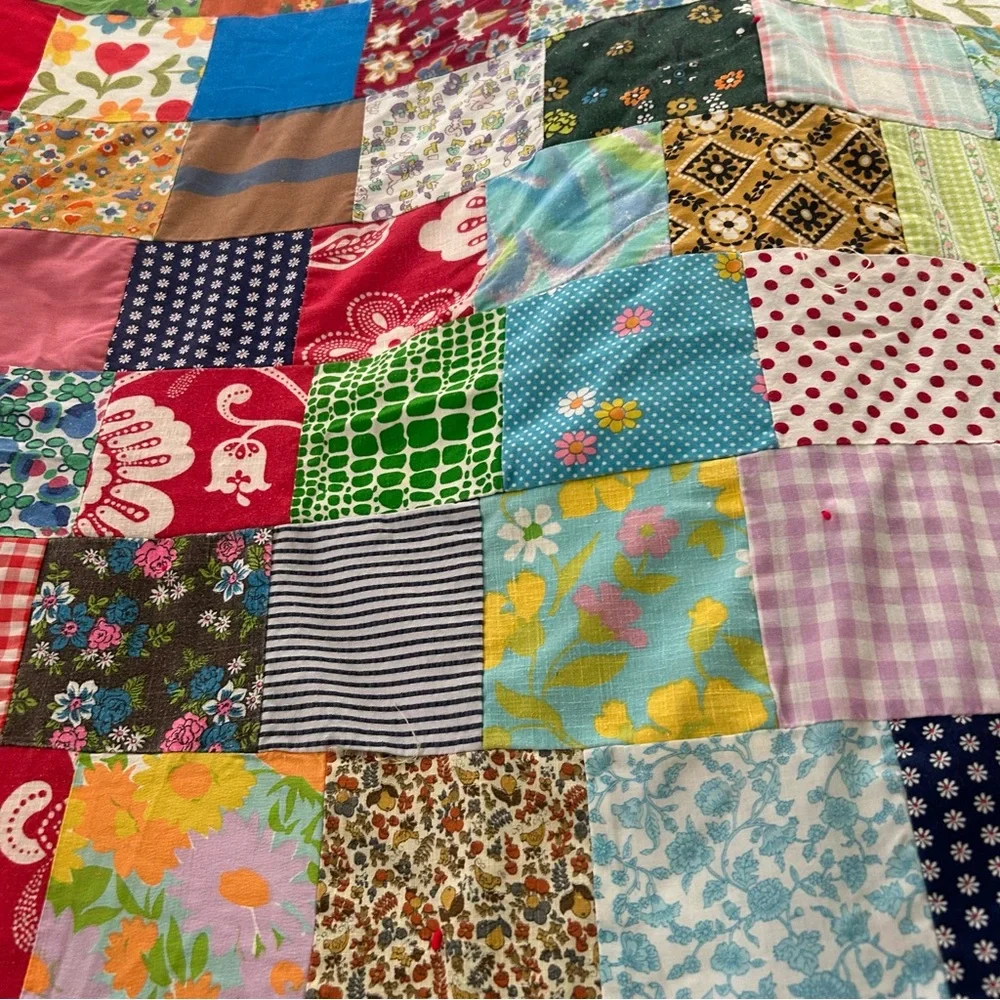 Vintage Handmade “Postage Stamp” Patchwork Quilt Multicolor Bedcover#0831256